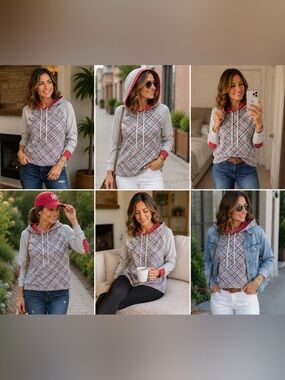 Rogue Gray Plaid Hooded Sweatshirt with Red Trim - Women